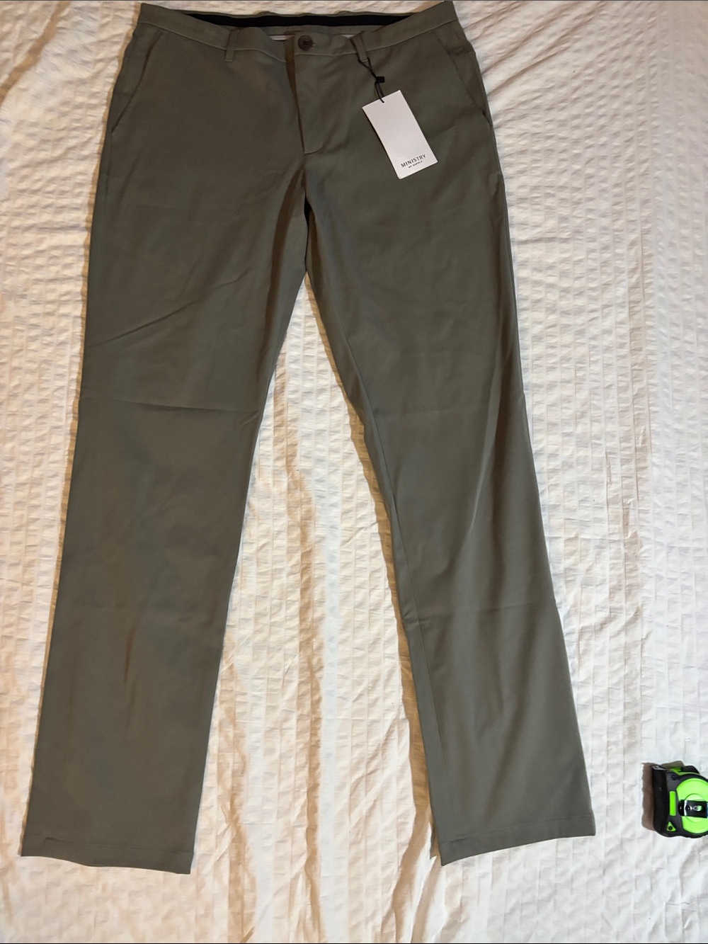 NWT. Ministry of Supply Men’s Momentum Chino Olive Sz 38 Standard Fit.